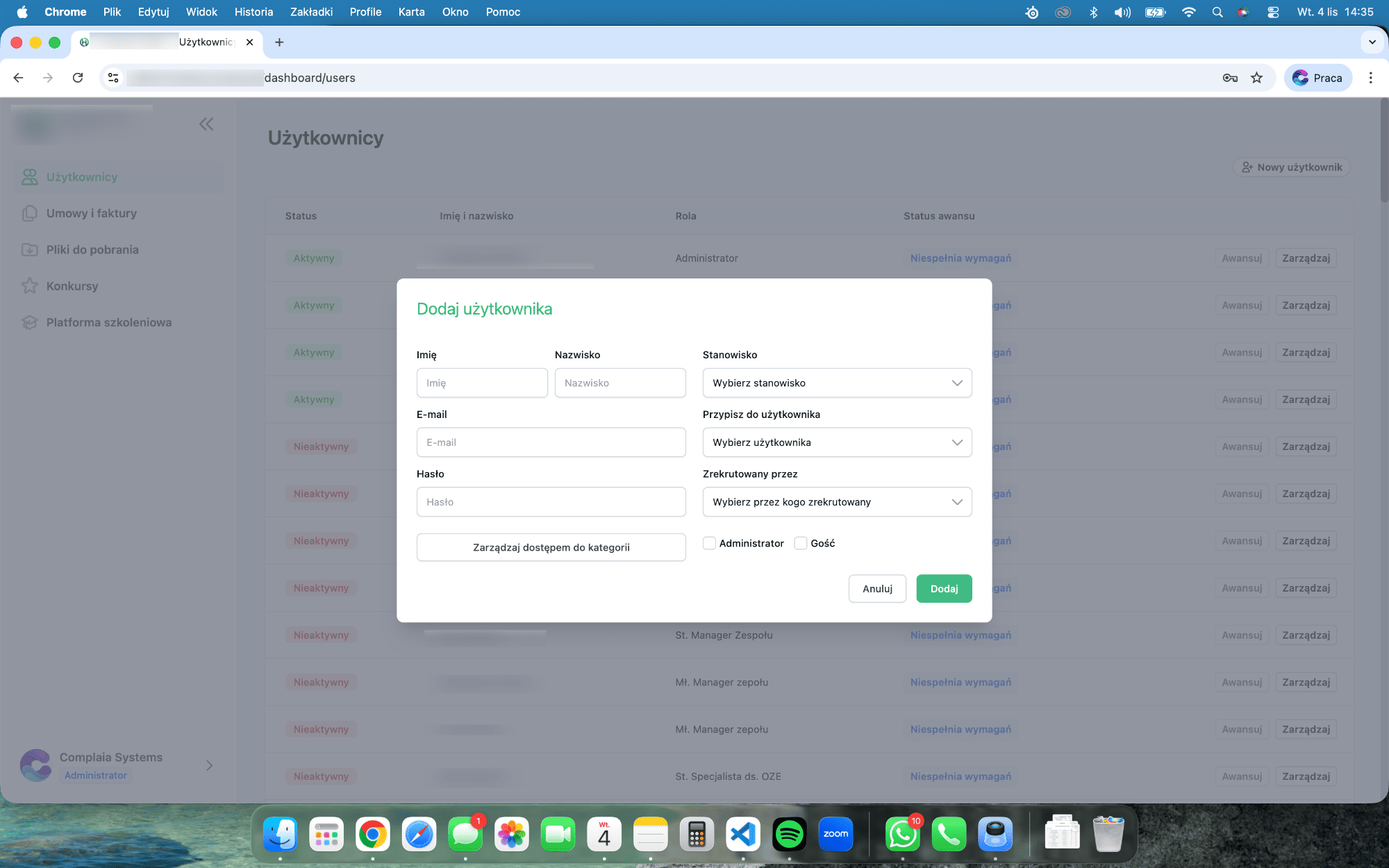 Panel administracyjny – dodawanie użytkownika w aplikacji webowej B2B